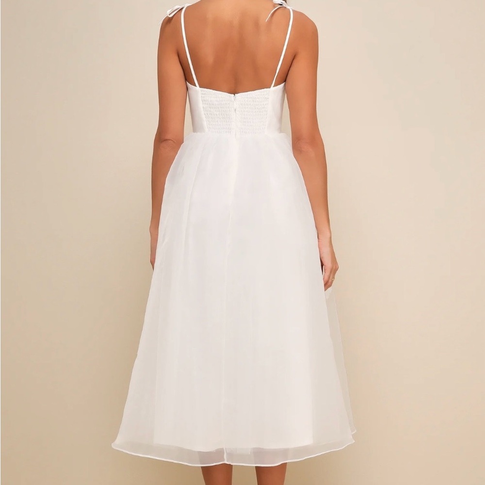Intentionally Darling White Organza Tie-Strap Rosette Midi Dress - Picture 3 of 5
